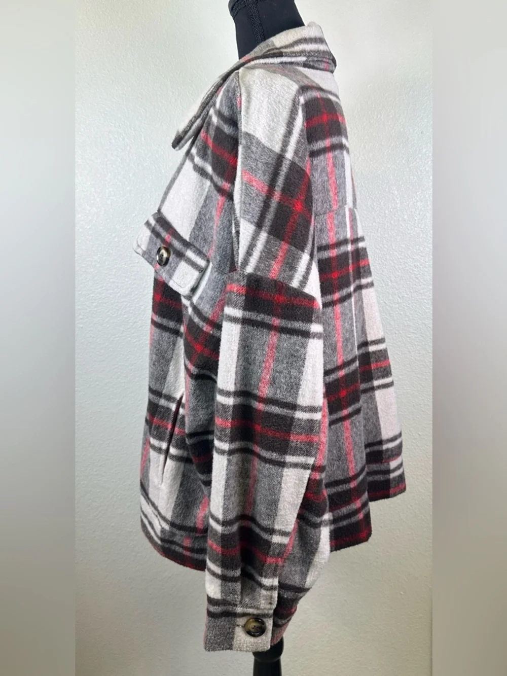 #147 - LuLaRoe Plaid Utility Shacket in Gray, White & Red - Picture 11 of 13